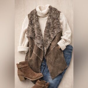 Boho Faux Fur Shearling Vest Brown Cozy Western Layering Jacket Size M